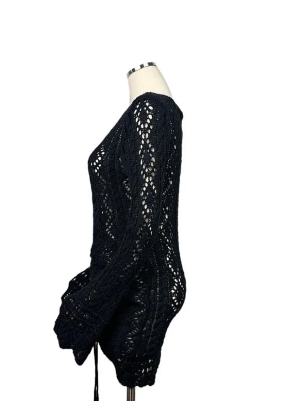 Miss Lola Black Crochet Bell Sleeve Drawstring Mini Dress Small - Picture 5 of 5